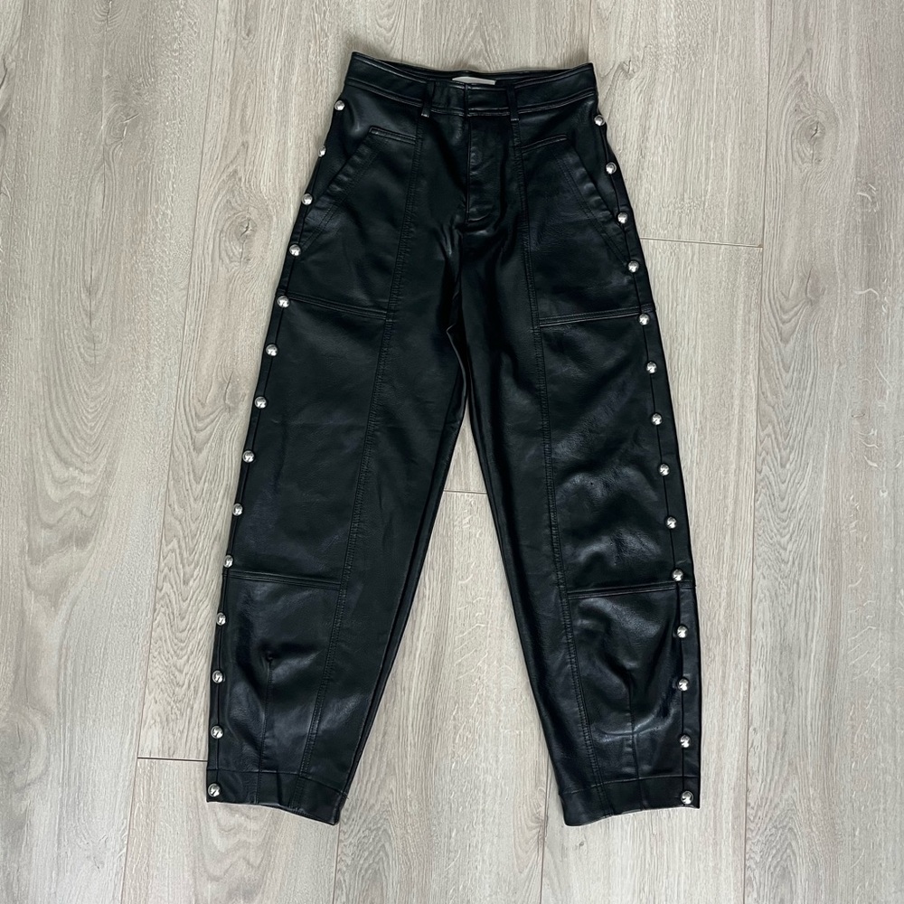 Anthropologie, faux leather barrel leg pants with studs!